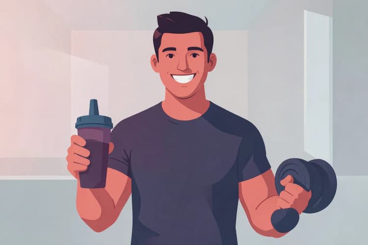 Hombre sonriente con un vaso de batido de proteínas y una pesa.