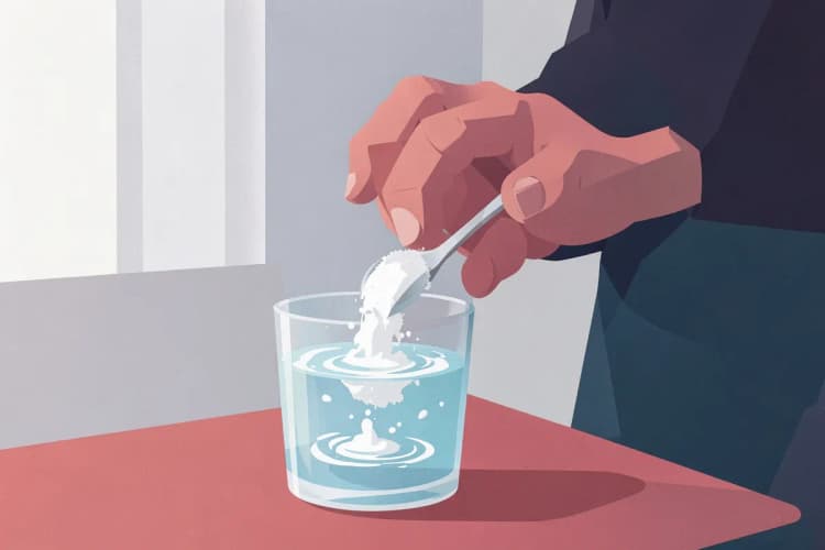 Hombre mezclando polvo blanco en un vaso de agua.