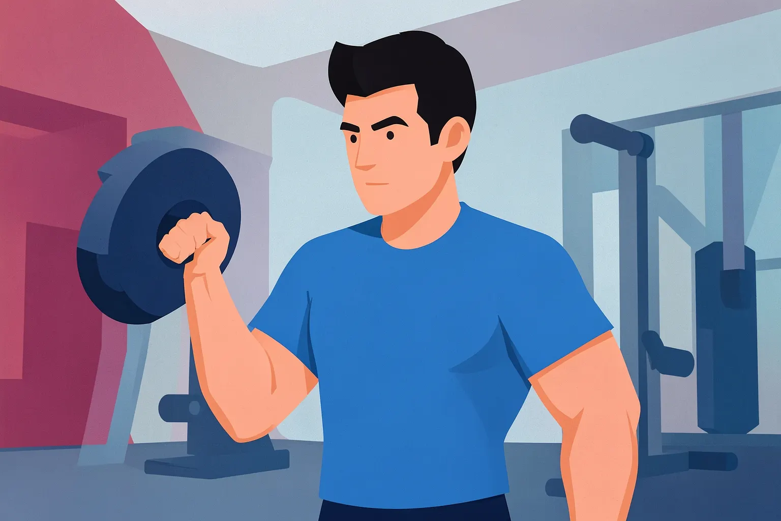 Un hombre con camiseta deportiva azul levanta una pesa en un gimnasio.