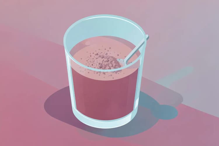 Um copo com água e pó de creatina misturado, com uma colher ao lado.