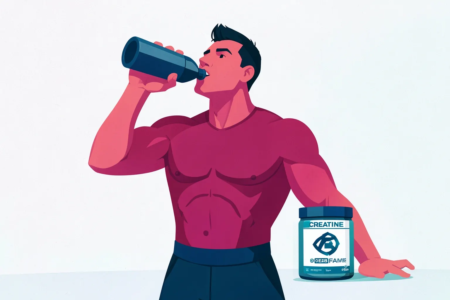 Um homem musculoso bebendo água de uma garrafa após o treino, com um pote de creatina ao lado.
