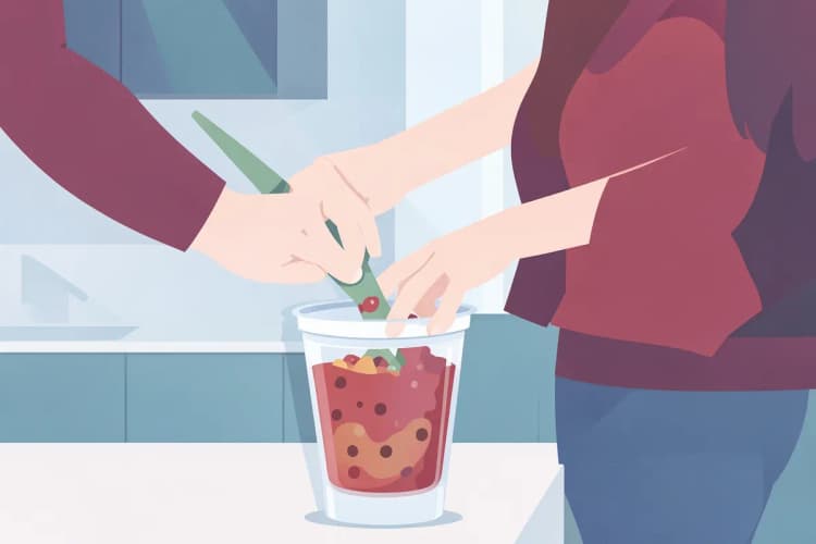 Mulher preparando um shake de proteína em uma cozinha moderna