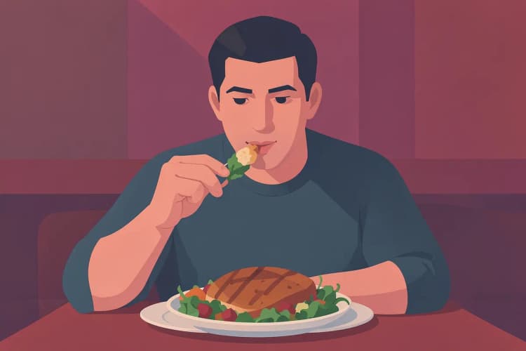 Homem comendo um peito de frango com salada em um restaurante