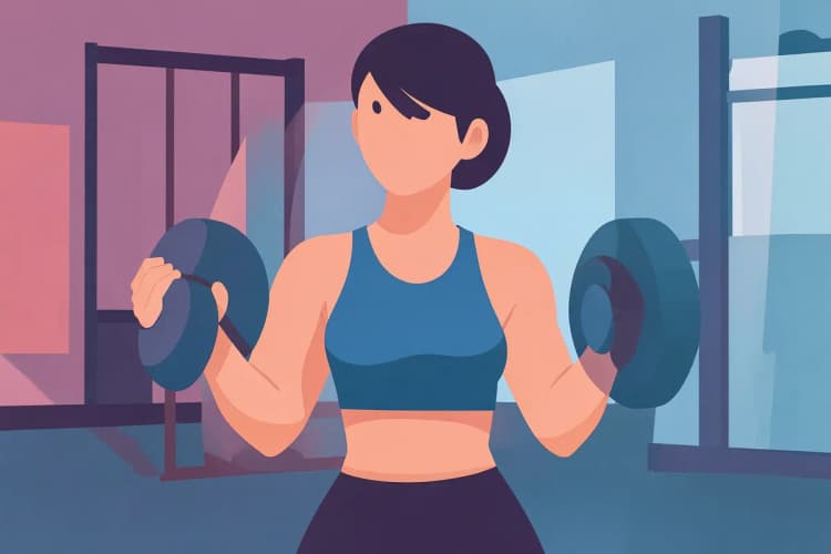 Mulher levantando peso em uma academia, com foco em seus músculos.
