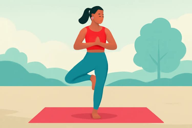 Mulher fazendo uma pose de yoga com expressão focada em um ambiente externo.