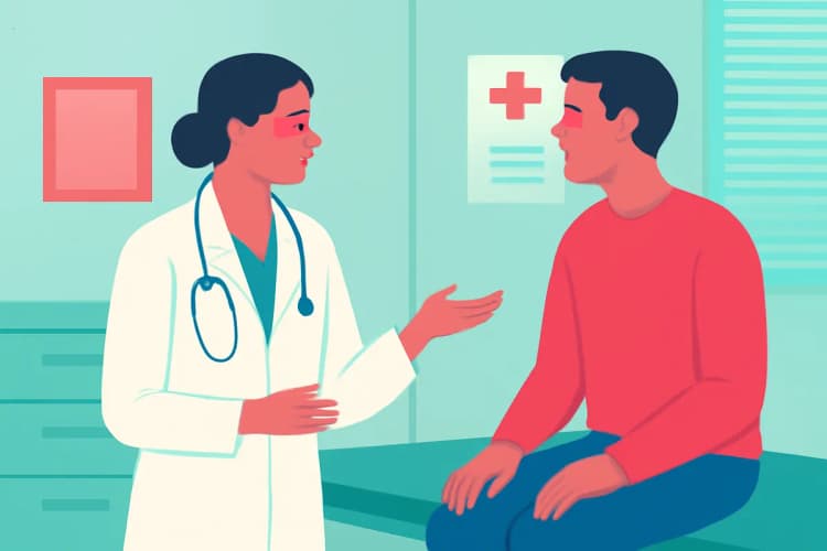 Médico conversando com um paciente em um consultório médico.