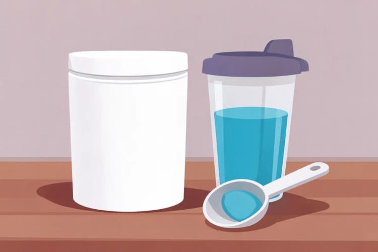 Pote de proteína em pó com uma colher e um copo de shake ao lado.