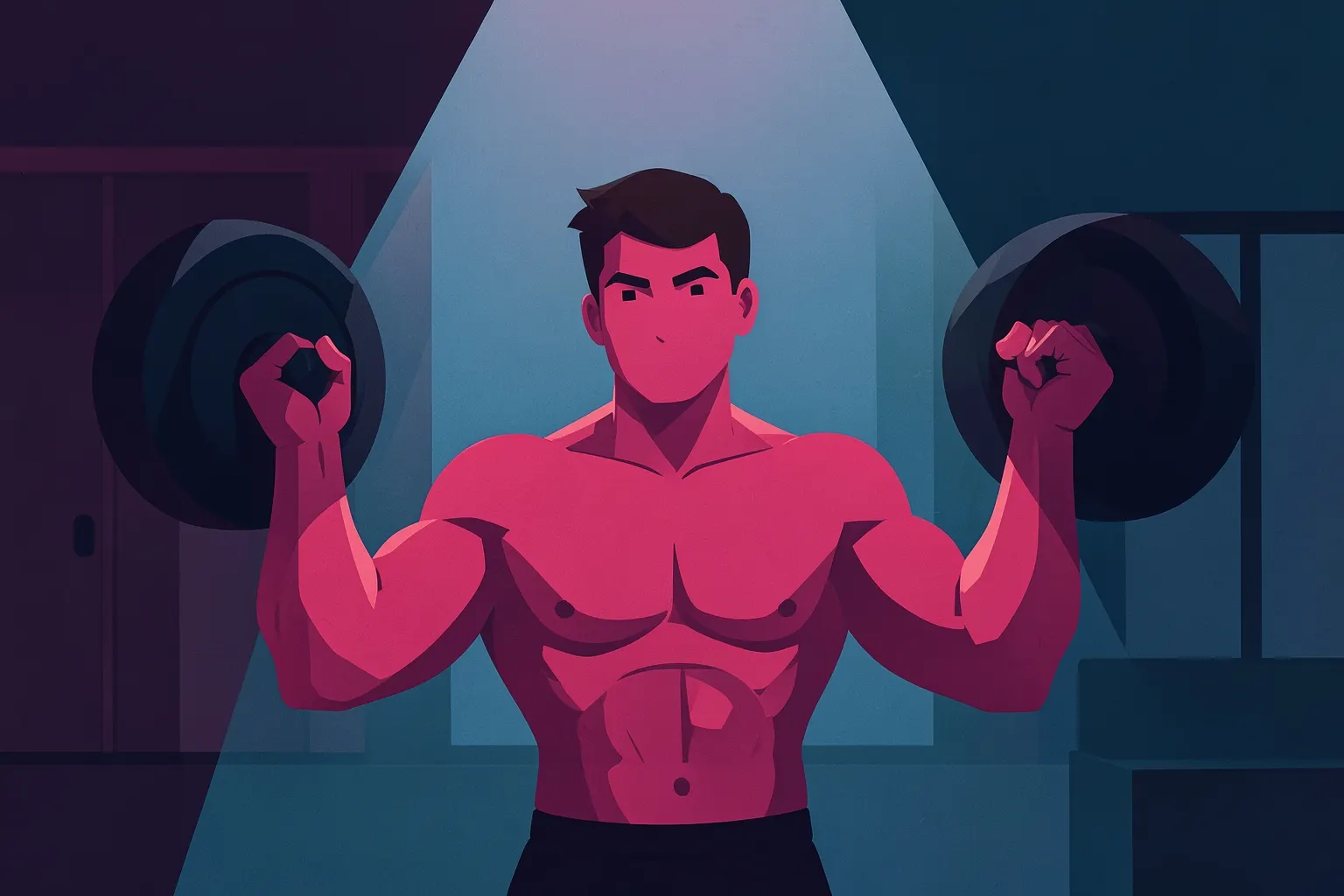 Homem musculoso levantando halteres em uma academia com luz dramática.